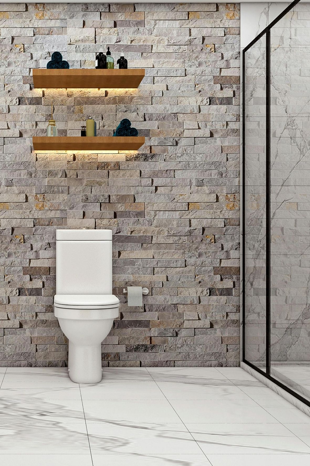 Salle de bain intégrant des WC avec mur en parement de pierre, étagères murales et finitions contrastées  à Gatineau