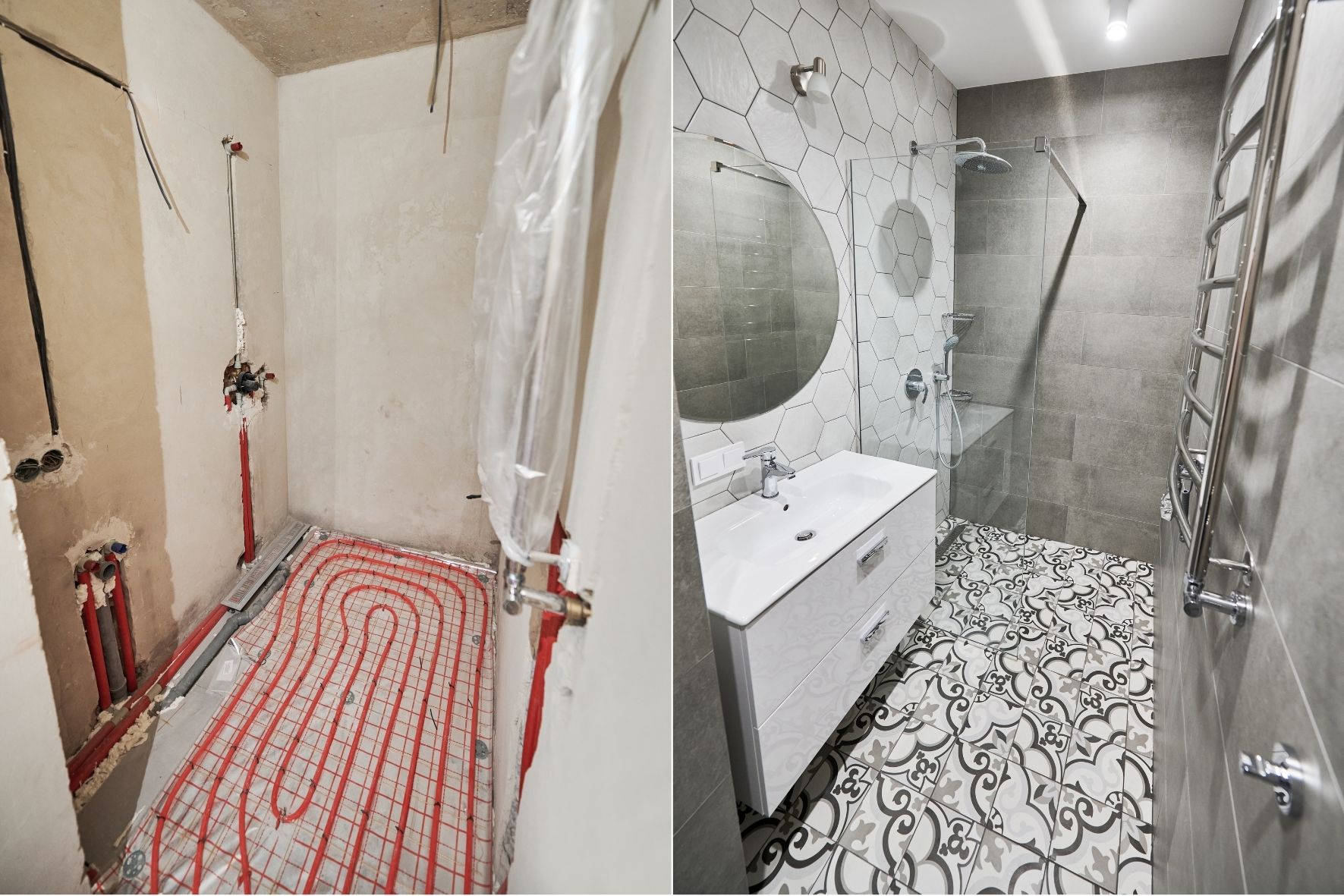 Comparaison visuelle entre une salle de bain en travaux et une salle de bain aménagée  Dans la région de Montréal, grand Montréal